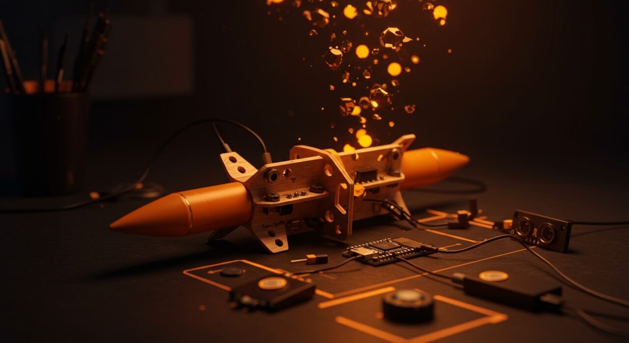 Prototipo de misil guiado casero impreso en 3D con sensores y ESP32, ilustrando la tecnología emergente y tendencias en hardware casero para startups tech.