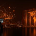 Fundador de startup frente a un horizonte digital de data centers con símbolos de inteligencia artificial y regulación impositiva en contexto LATAM.