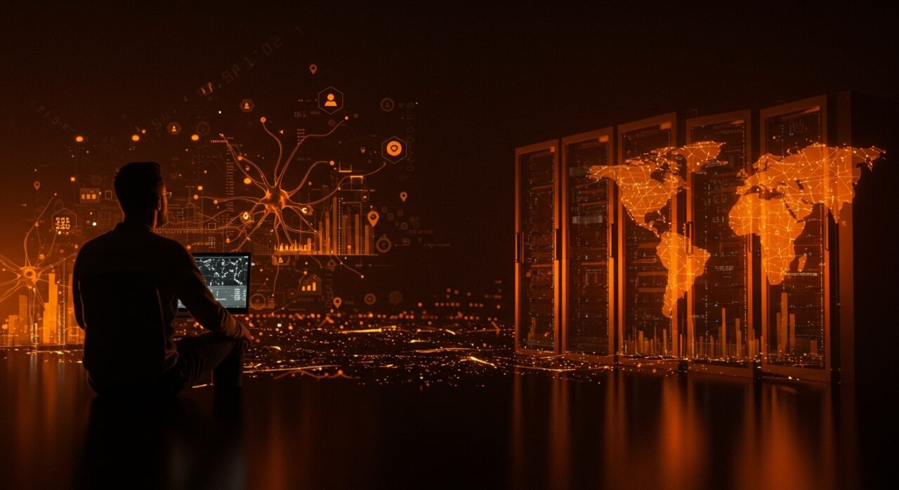 Fundador de startup frente a un horizonte digital de data centers con símbolos de inteligencia artificial y regulación impositiva en contexto LATAM.