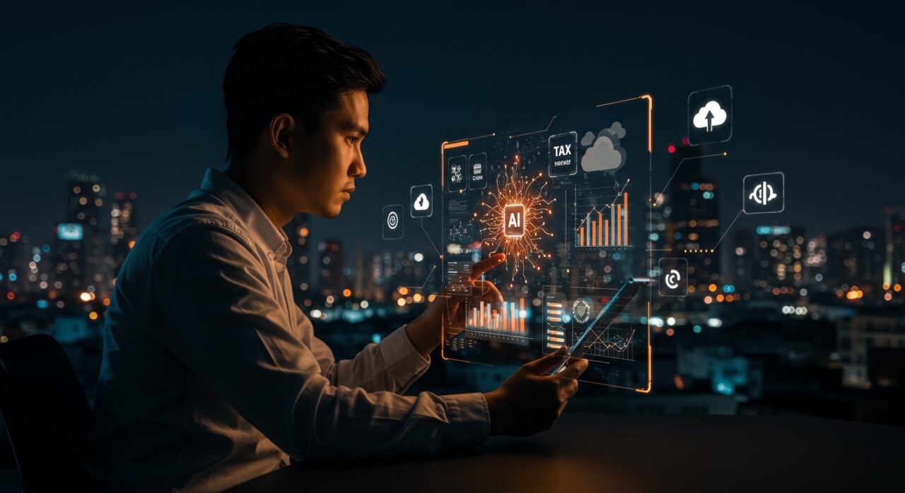 Startup LATAM analizando regulación tecnológica e impuestos IA con interfaz digital y metáforas de datos y nube en economía digital.