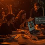 Fundadores de startups tecnológicas colaborando en un espacio innovador, representando formación, mentoría e innovación en ecosistema emprendedor.