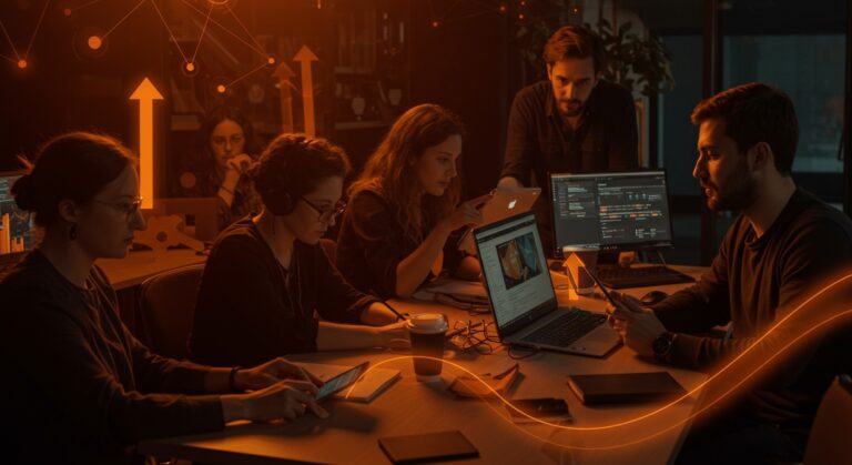 Fundadores de startups tecnológicas colaborando en un espacio innovador, representando formación, mentoría e innovación en ecosistema emprendedor.