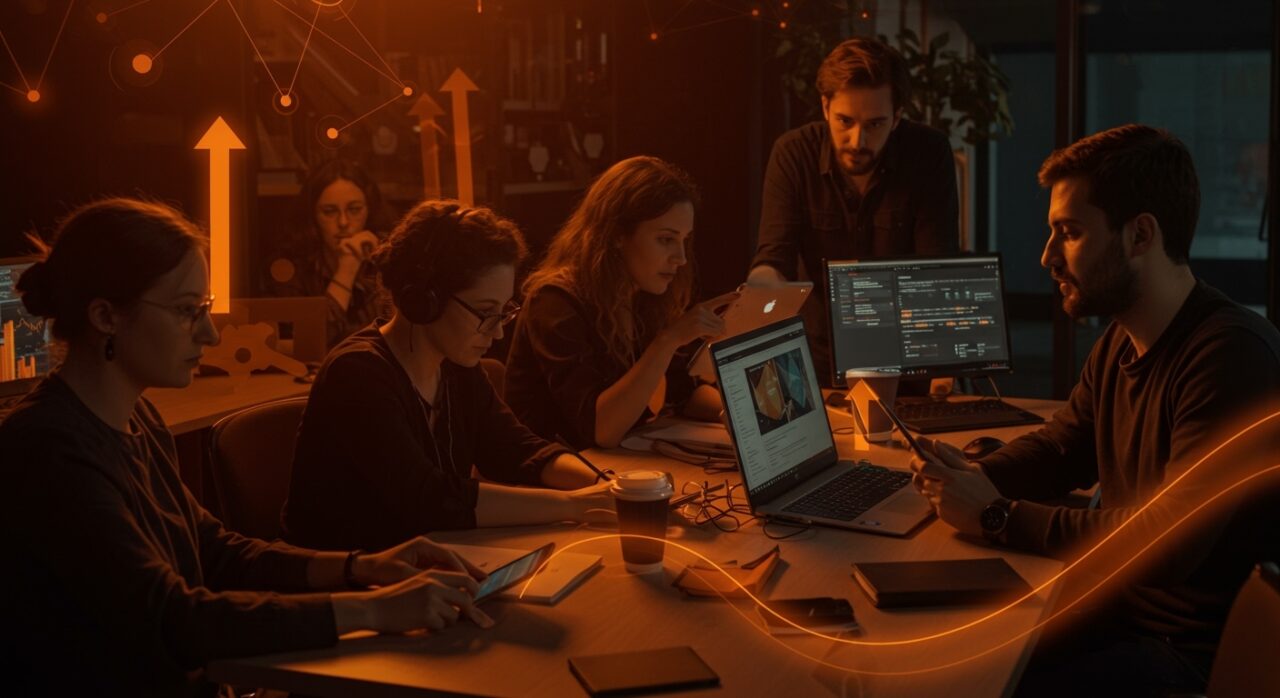 Fundadores de startups tecnológicas colaborando en un espacio innovador, representando formación, mentoría e innovación en ecosistema emprendedor.