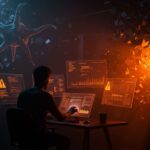 Incidente Claude.ai con errores elevados impactando startups, simbolizado por fundador analizando alertas y redes neuronales en tonos naranja y negro.