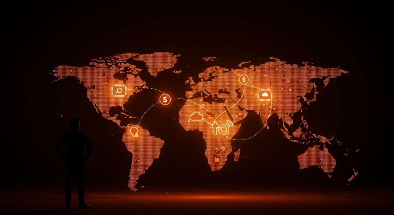 India como nueva China tecnológica representada con mapa digital y flujos de datos resaltando inversión y centros de datos tras guerra en Irán.