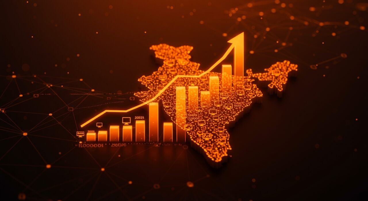 Visualización de envíos récord de PCs en India 2025 con crecimiento tecnológico y adopción digital destacada.
