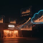 Líder empresarial frente a tiendas optimizadas con gráficos digitales que representan margen y beneficio récord de Inditex en transformación digital del retail.