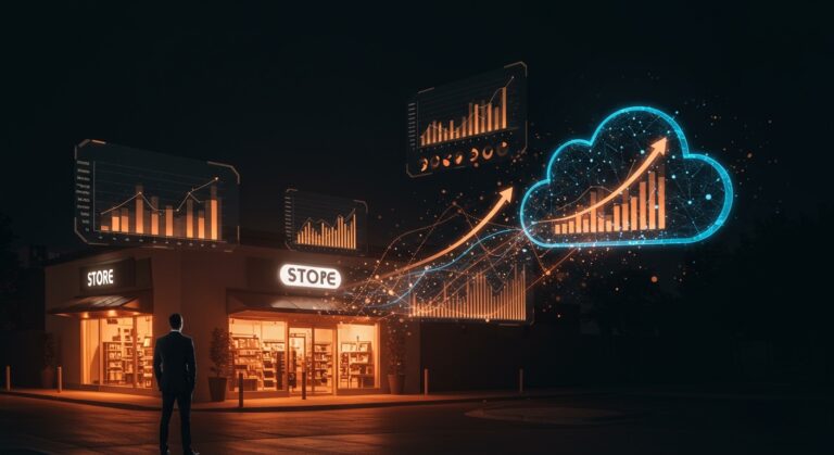 Líder empresarial frente a tiendas optimizadas con gráficos digitales que representan margen y beneficio récord de Inditex en transformación digital del retail.