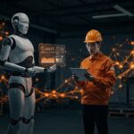 Robot humanoide moderno en industria tecnológica china, con ingeniero monitoreando datos, simbolizando el alquiler de robots y retos en automatización.