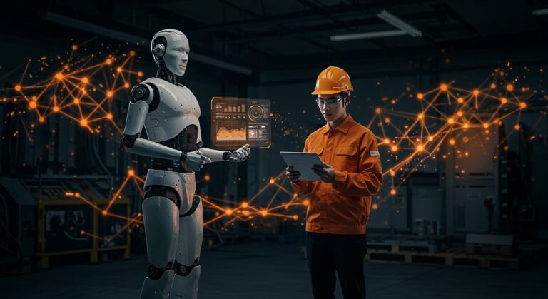 Robot humanoide moderno en industria tecnológica china, con ingeniero monitoreando datos, simbolizando el alquiler de robots y retos en automatización.