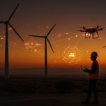 Drones realizando mantenimiento predictivo en aerogeneradores eólicos en Chile con tecnología innovadora de IA.