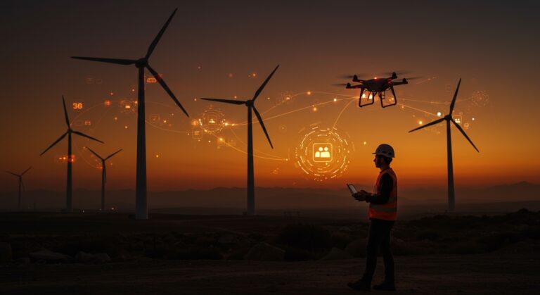 Drones realizando mantenimiento predictivo en aerogeneradores eólicos en Chile con tecnología innovadora de IA.