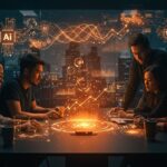 Grupo de emprendedores colaborando con interfaces de comunicación IA en un entorno tecnológico de crecimiento global para startups.