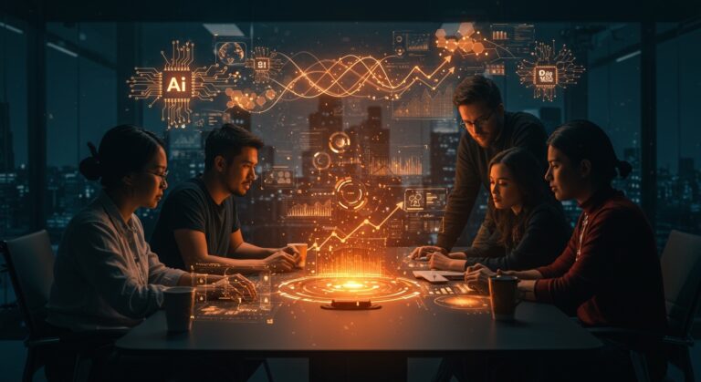 Grupo de emprendedores colaborando con interfaces de comunicación IA en un entorno tecnológico de crecimiento global para startups.