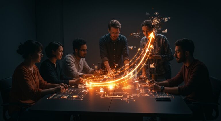 Grupo de emprendedores colaborando con infraestructura tecnológica y flujos de créditos digitales representando apoyo y crecimiento en startups.