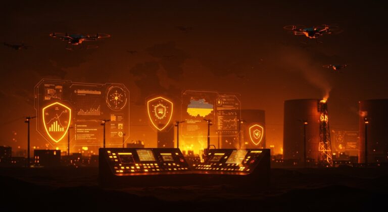 Infraestructura energética de Ucrania protegida con tecnología avanzada frente a amenazas geopolíticas y crisis energética internacional.