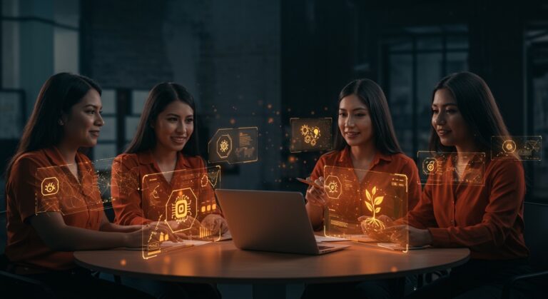 Mujeres emprendedoras peruanas liderando innovación tecnológica y social en inteligencia artificial y agroindustria.