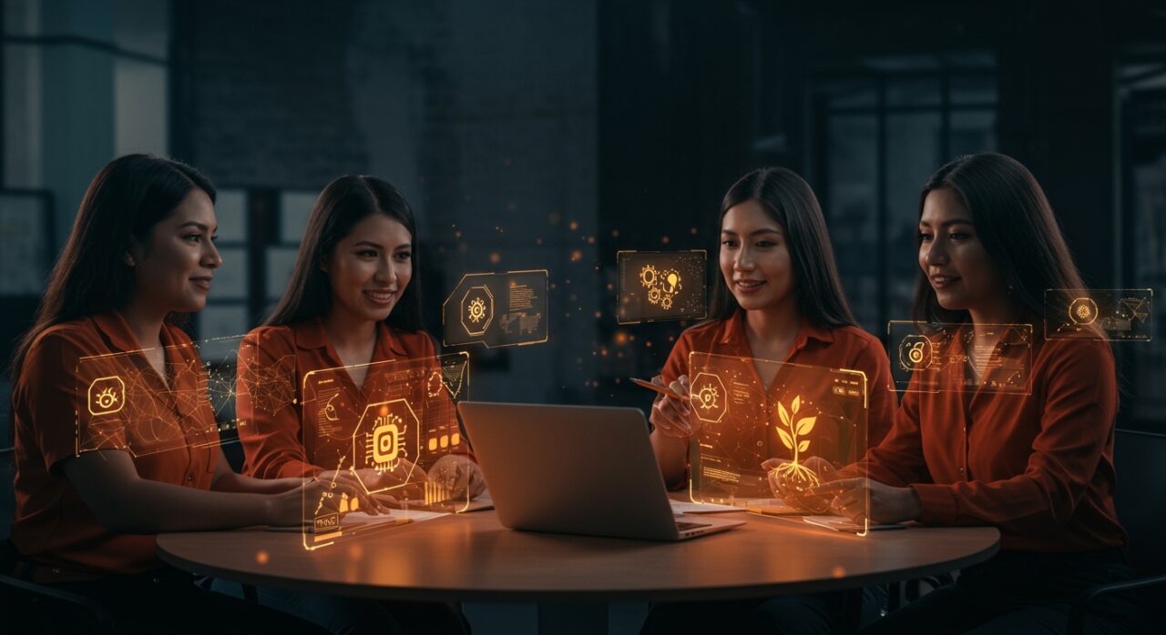 Mujeres emprendedoras peruanas liderando innovación tecnológica y social en inteligencia artificial y agroindustria.