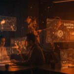 Innovación y automatización en pymes locales impulsada por IA y Big Data, representación de expertos colaborando en un entorno digital futurista.