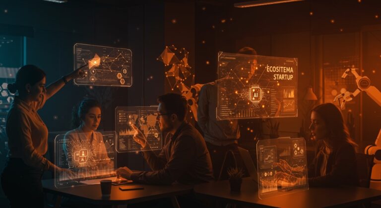 Innovación y automatización en pymes locales impulsada por IA y Big Data, representación de expertos colaborando en un entorno digital futurista.