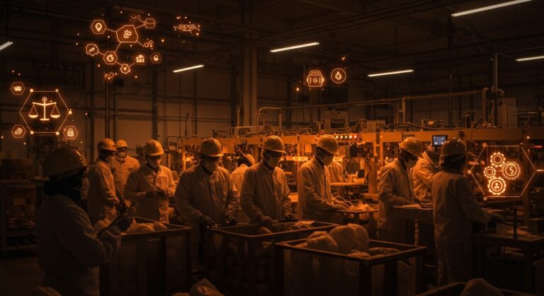 Trabajadores de polipropileno en fábrica produciendo mascarillas N95 durante la pandemia, simbolizando innovación en emergencias y liderazgo colaborativo en startups.