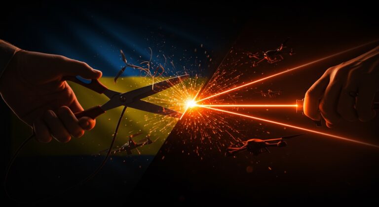 Innovación militar en Ucrania mostrando evolución rápida de tijeras a tecnología láser para contramedidas drones en conflicto.