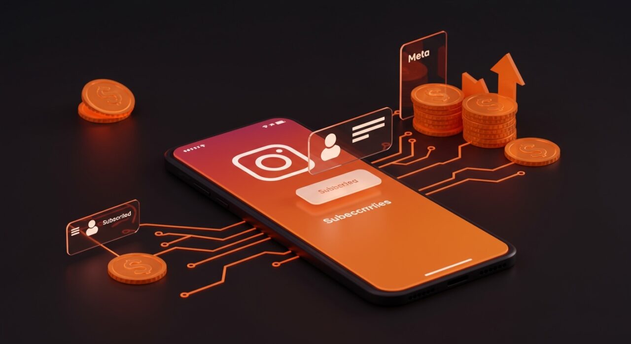 Pantalla futurista de Instagram Plus mostrando historias anónimas bajo suscripción, destacando la estrategia y monetización digital de Meta en tendencias tech.