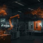 Fábrica avanzada con inteligencia artificial y automatización integrada por MHAYA, mostrando innovación en industria 4.0 y tecnología industrial.