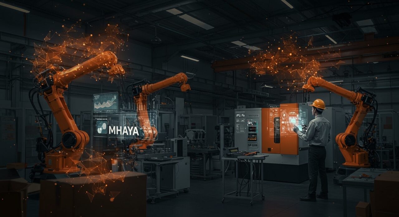 Fábrica avanzada con inteligencia artificial y automatización integrada por MHAYA, mostrando innovación en industria 4.0 y tecnología industrial.
