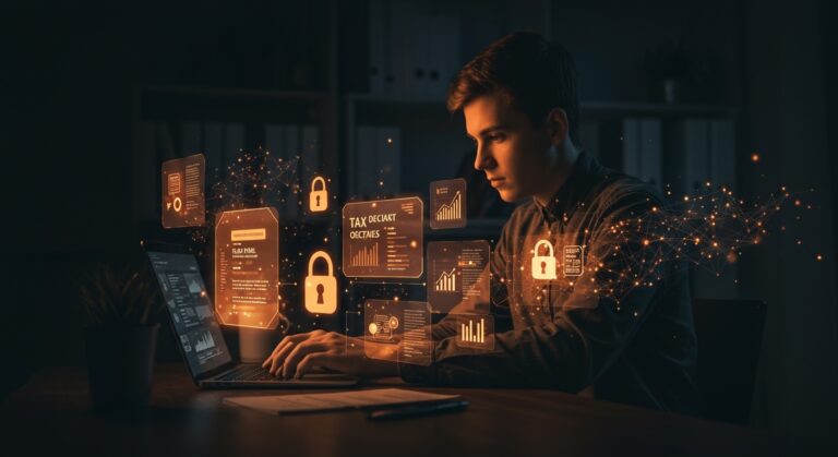 Inteligencia artificial aplicada a la declaración de la Renta mostrando riesgos y protección de datos fiscales en startups.