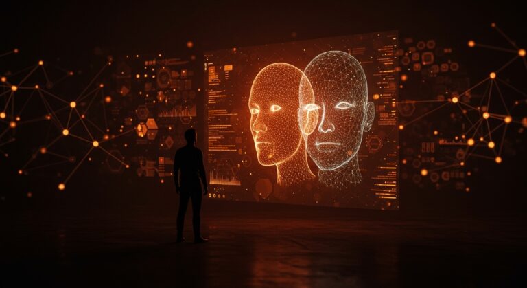 Fundador tecnológico frente a holograma digital mostrando rostros humanos y redes neuronales, simbolizando inteligencia artificial y verificación digital en el contexto de deepfakes.