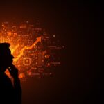 Impacto de la inteligencia artificial en el empleo en Argentina representado por un emprendedor ante un horizonte digital de datos y redes neuronales.