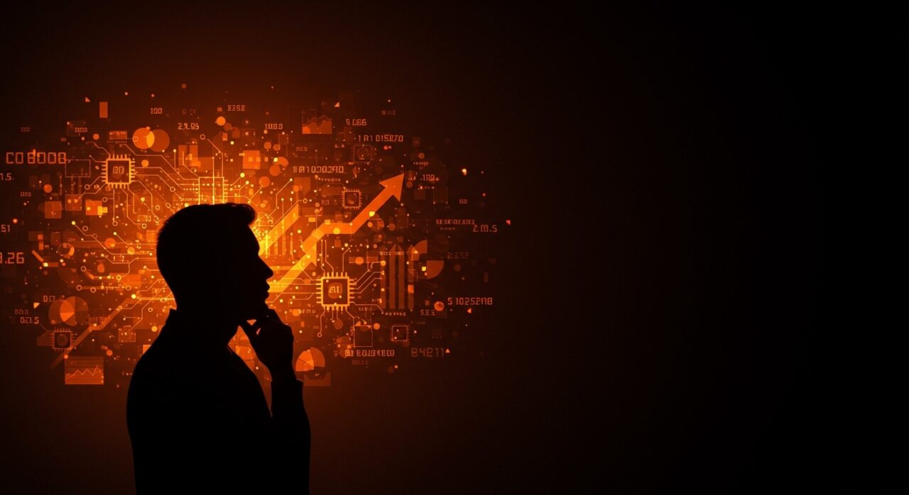 Impacto de la inteligencia artificial en el empleo en Argentina representado por un emprendedor ante un horizonte digital de datos y redes neuronales.