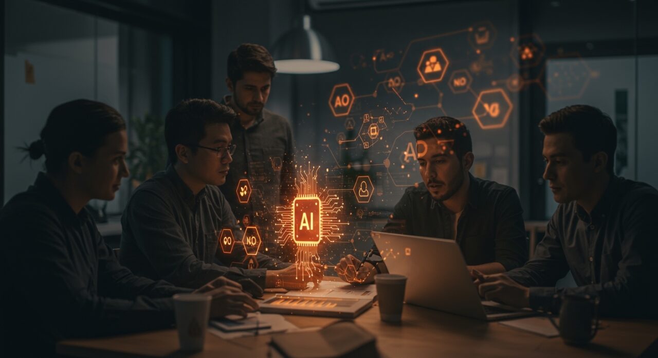 Fundadores tech en LATAM colaborando sobre hologramas de inteligencia artificial y automatización, destacando impacto y oportunidades en empleo tecnológico.