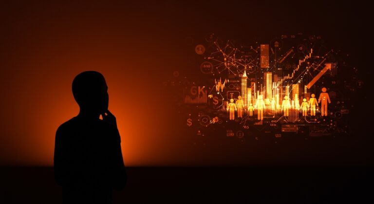 Inteligencia artificial transformando la riqueza heredable y la movilidad social con simbolismos tecnológicos en un entorno futurista.