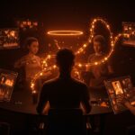 Equipo híbrido de emprendedores colaborando con inteligencia artificial para desarrollar habilidades laborales en el ecosistema startup.