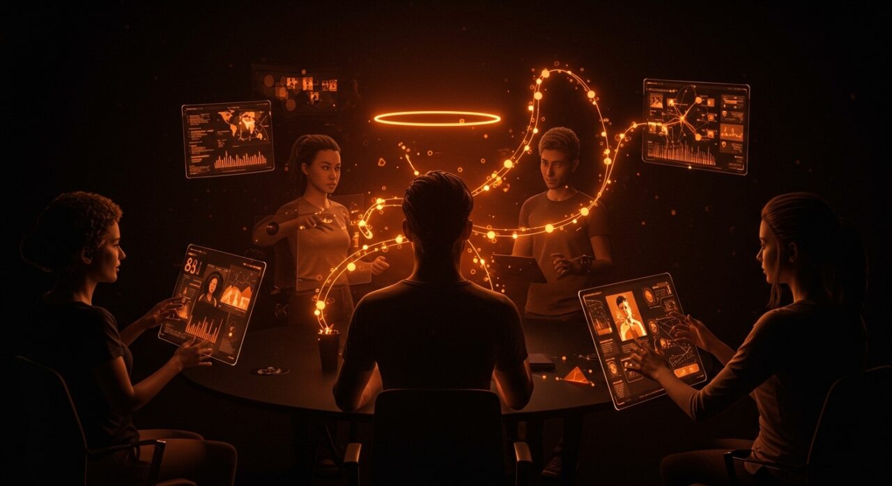 Equipo híbrido de emprendedores colaborando con inteligencia artificial para desarrollar habilidades laborales en el ecosistema startup.