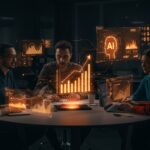 Profesionales colaborando con hologramas de inteligencia artificial que redefinen habilidades laborales y el futuro del trabajo.