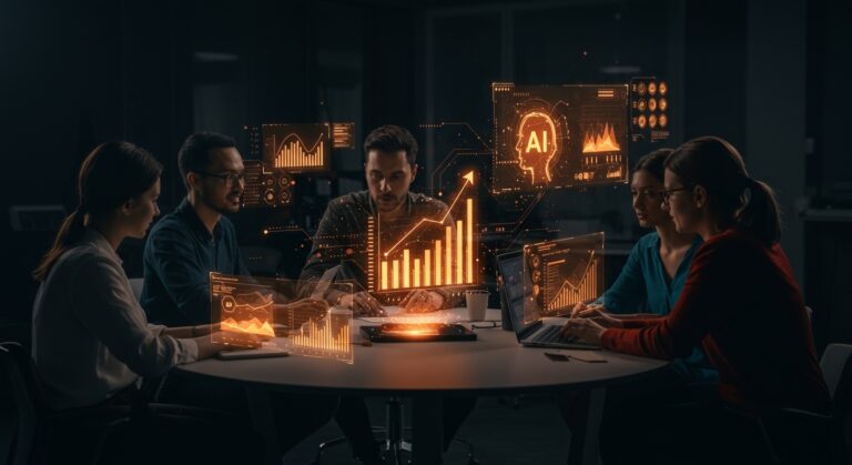 Profesionales colaborando con hologramas de inteligencia artificial que redefinen habilidades laborales y el futuro del trabajo.