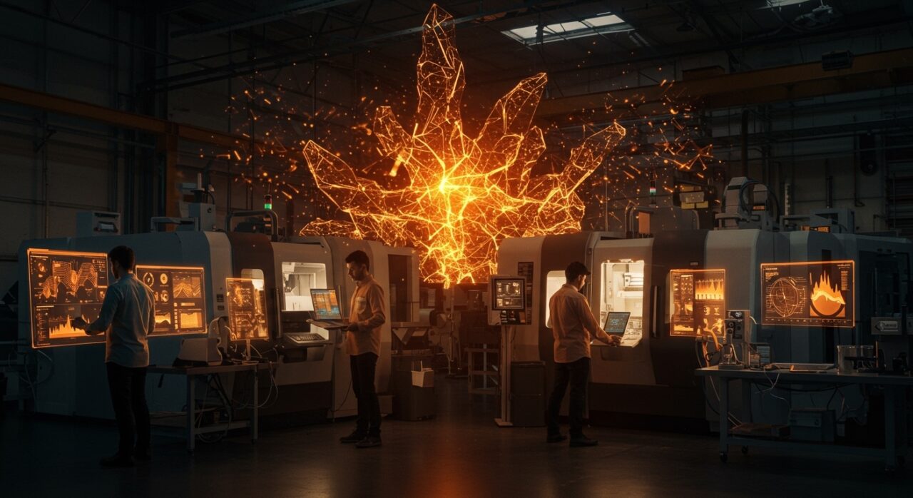 Industria argentina incorporando inteligencia artificial y automatización representada por fundadores tecnológicos en fábrica hiperautomatizada con interfaces digitales.