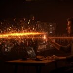 Innovación en la industria musical con inteligencia artificial, mostrando a un fundador tech interactuando con interfaces holográficas y redes neuronales iluminadas en tonos naranja y negro.