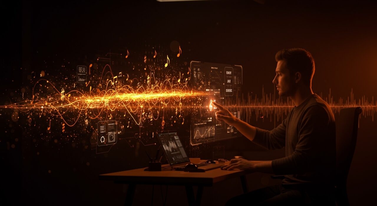Innovación en la industria musical con inteligencia artificial, mostrando a un fundador tech interactuando con interfaces holográficas y redes neuronales iluminadas en tonos naranja y negro.