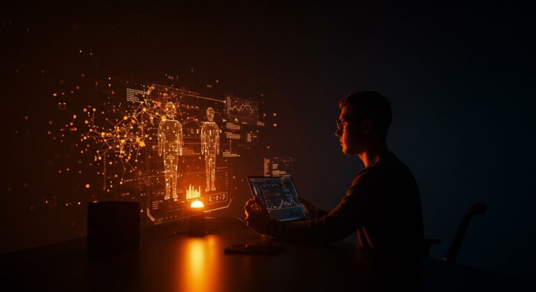 Impacto de la inteligencia artificial en el empleo tecnológico con metáforas visuales de automatización y transformación laboral en startups.