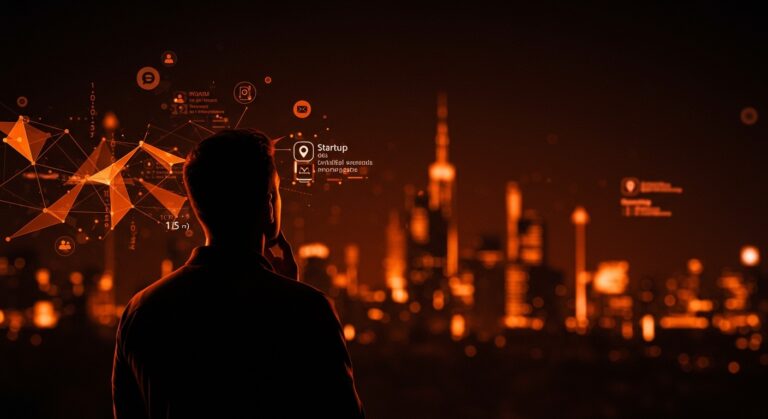 Founder contemplando un horizonte digital que simboliza la inteligencia artificial y la riqueza heredable en startups de LATAM.