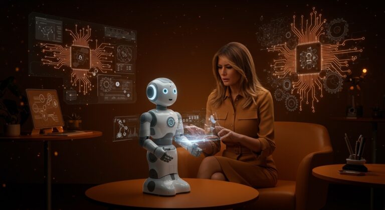 Melania Trump promoviendo la educación con inteligencia artificial y robótica en un ambiente de homeschooling futurista.