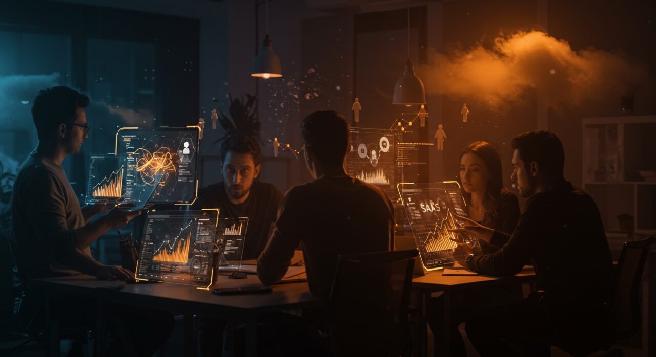 Founders de startups SaaS colaborando con inteligencia artificial para superar retos y escalar en tecnología emergente.