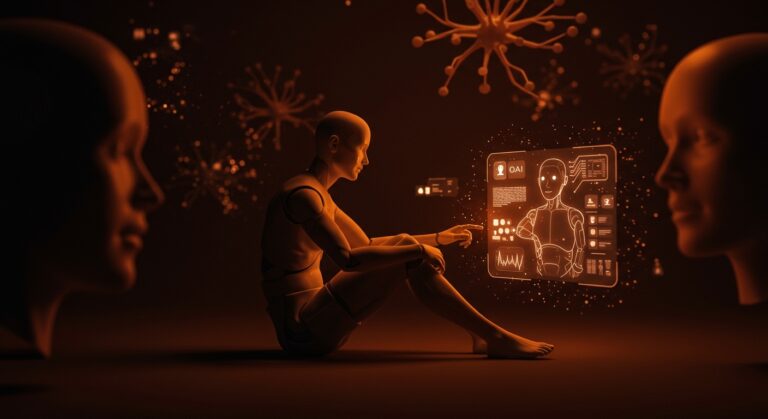 Interacción entre una persona y un chatbot de inteligencia artificial, explorando el impacto de la IA en la soledad y la salud mental.