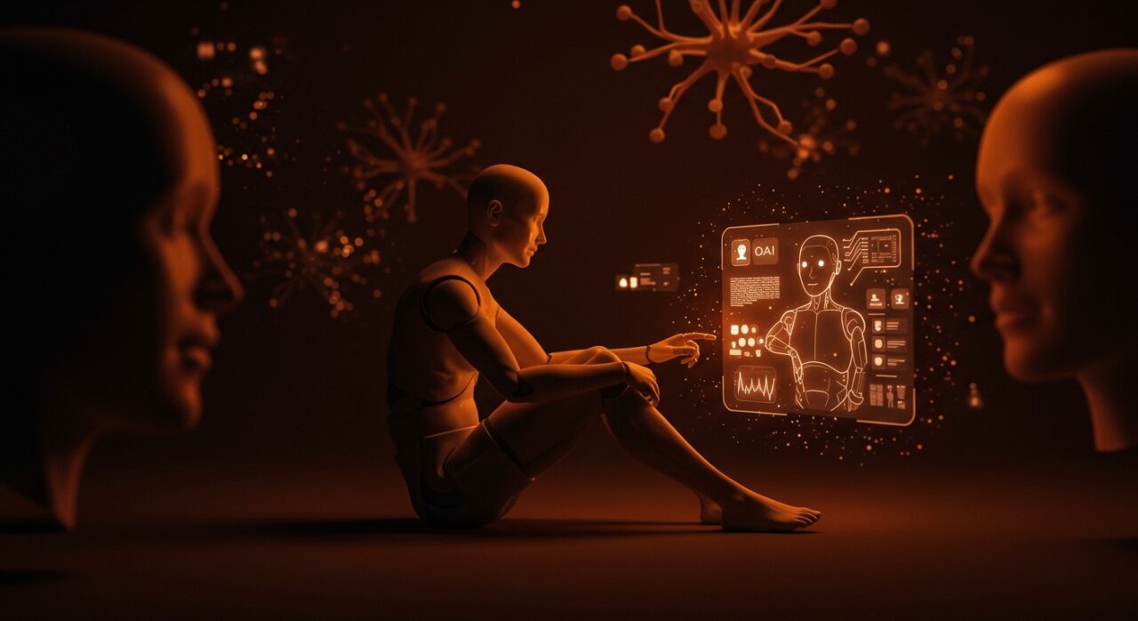 Interacción entre una persona y un chatbot de inteligencia artificial, explorando el impacto de la IA en la soledad y la salud mental.