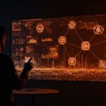 Fundador de startup en LATAM interactuando con tecnología de inteligencia artificial en un entorno digital futurista, destacando avances y retos éticos.