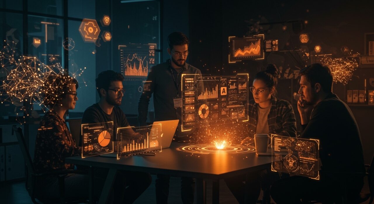 Grupo de fundadores de startups LATAM colaborando con visualizaciones digitales de inteligencia artificial y tendencias de inversión en un entorno tecnológico moderno.